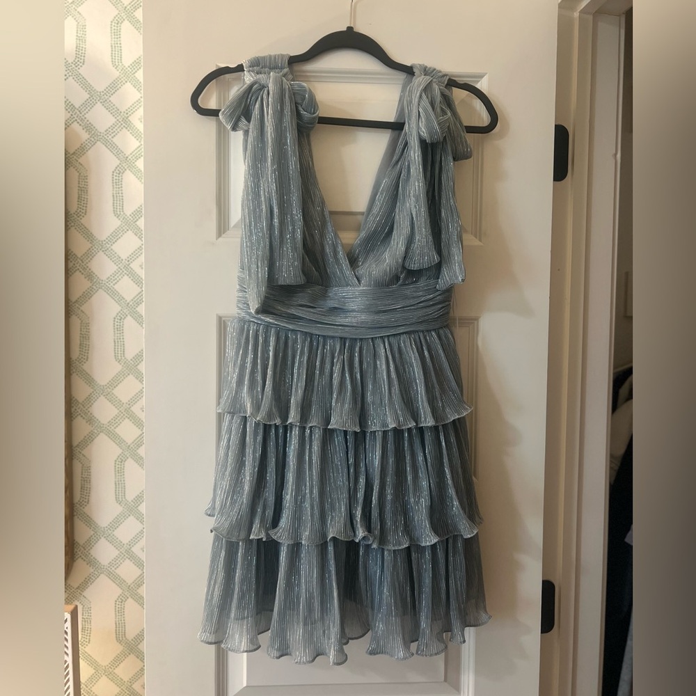 Light Blue metallic mini dress with Bow sleeves
